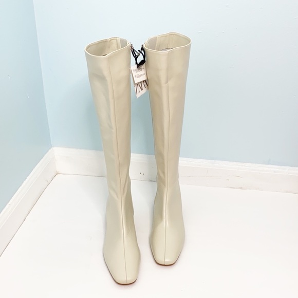 Zara cream White Leather Knee High with Block Heel and Square Toe Boots - Picture 4 of 12